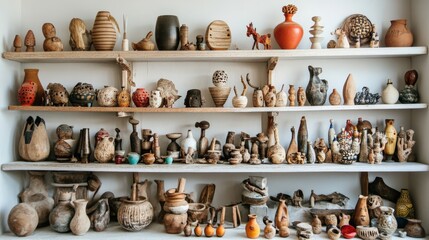 A vibrant collection of assorted clay pottery and sculpted artifacts displayed on wooden shelves, showcasing cultural artistry and craftsmanship.