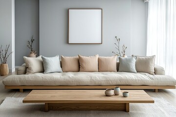 Minimalist, modern Scandinavian interiors in the living room with grey finished walls and sofas and wood tables. Generative AI
