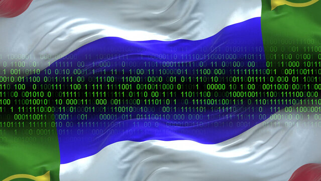 Khakassia flag - 3D realistic waving flag on matrix digital background with binary code