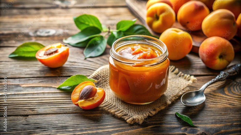 Poster homemade apricot jam in a glass jar on rustic wooden table with fresh apricots and leaves