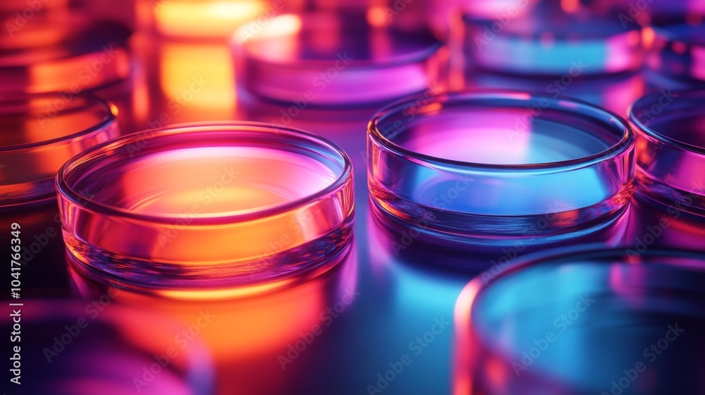 Poster a series of glass dishes in various colors are illuminated by striking lighting, creating an engagin