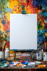 Blank white poster mockup on a colorful wall in a creative artist studio surrounded by painting supplies. 3d rendering