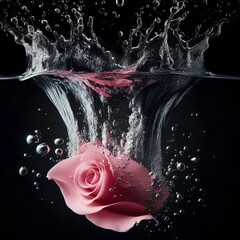 image of a pink rose petal, being dropped into rose water, water splash around it with clear bubbles and ripples