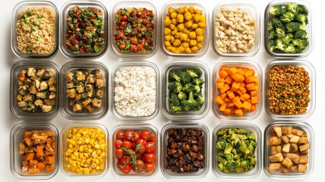 Assorted healthy meal prep containers with colorful vegetables, grains, and proteins, ideal for balanced diet and weekly meal planning.