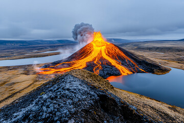fiery volcanic eruption, long exposure