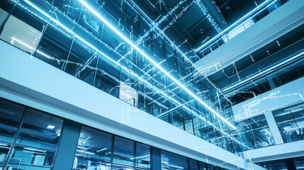 Obraz premium Artificial intelligence in energy management controlling the lighting and HVAC systems of a large office building, optimizing energy efficiency in real time