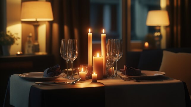 An intimate dining setup with a small table, romantic candles, and elegant place settings, perfect for a cozy dinner for two.
