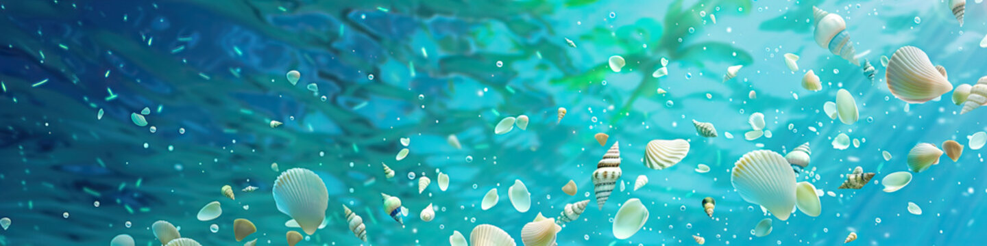 A cool blue and green tropical-inspired background perfectly complements the chaotic scattering of seashells from a careless toss.