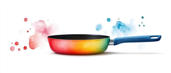 Colorful frying pan with splashes of paint against a white isolate background.