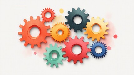 Colorful gears arranged in a dynamic composition, showcasing creativity and engineering on a white isolated background.