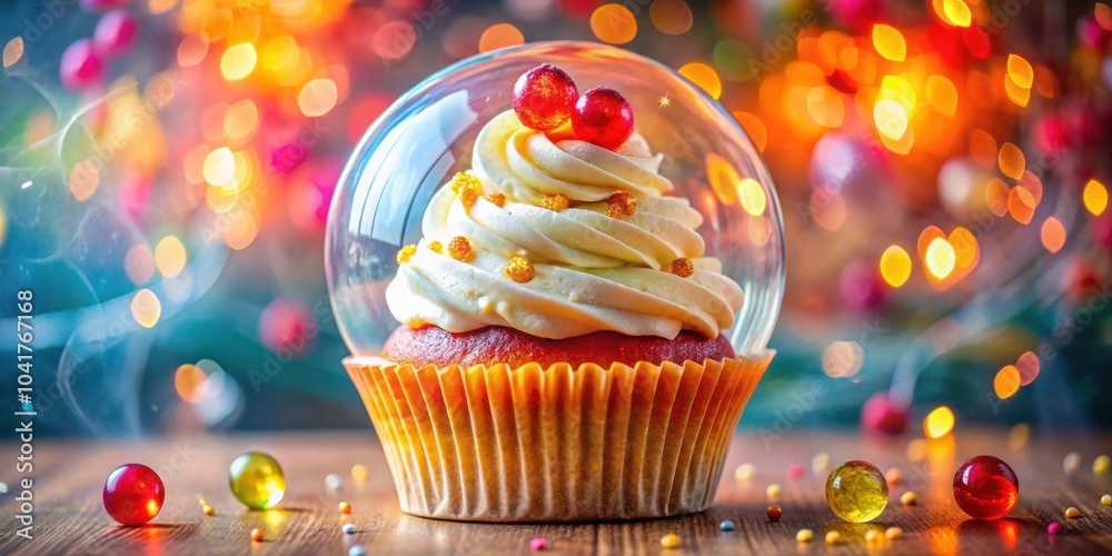 Poster A Festive Cupcake Encased in a Clear Sphere Against a Bokeh Background of Colorful Lights