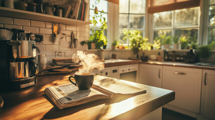Morning coffee rituals captured in a sunlit kitchen, with a steaming cup of coffee on the counter and a newspaper spread open beside it