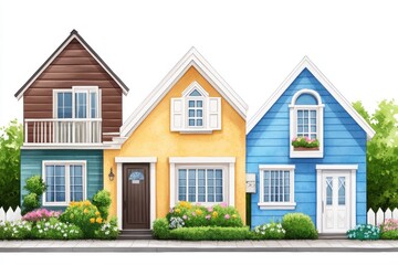 Colorful houses with vibrant exteriors and flower gardens, perfect for home designs or community themes.