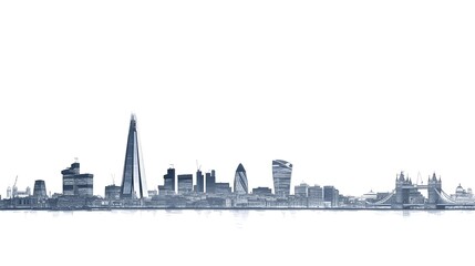 Iconic London Skyline with Shard and Tower Bridge in Silhouette Against Blank Sky