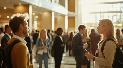 A lobby filled with conference attendees in conversation, with the background blurred to emphasize the networking interactions 
