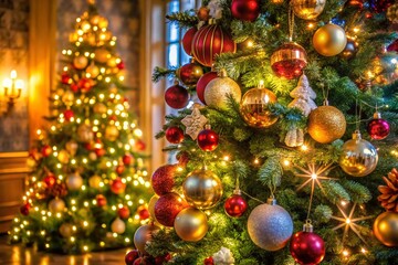 Blue Decorated Christmas Tree with Garlands for Festive Product Photography