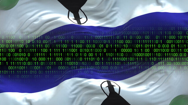Lesotho flag - 3D realistic waving flag on matrix digital background with binary code