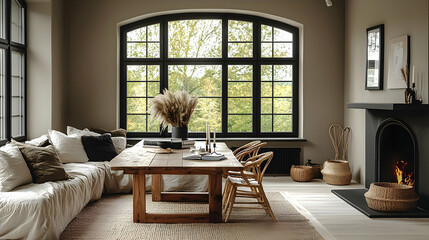 Rustic Living Room Design with Fireplace and Large Window
