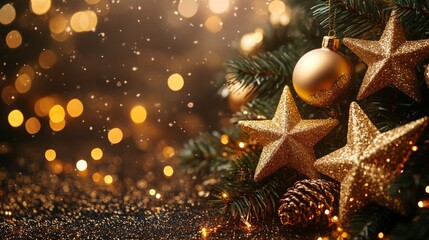 Golden Christmas stars enhance holiday spirit with sparkling decor on a festive evening