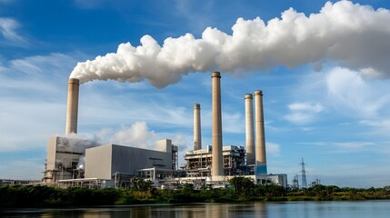 Obraz premium White Industrial Smokestacks Releasing Steam at Fuel Processing Plant in Clean Environment