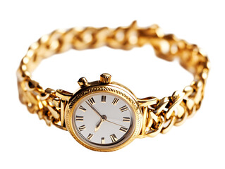 a gold watch with a white face