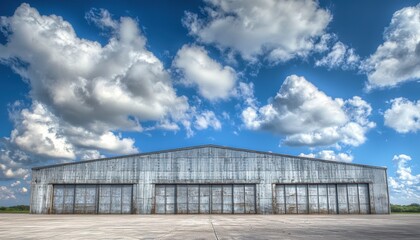 Fototapeta premium A large, weathered hangar under a bright blue sky with fluffy clouds, suggesting a space for aircraft storage or maintenance.