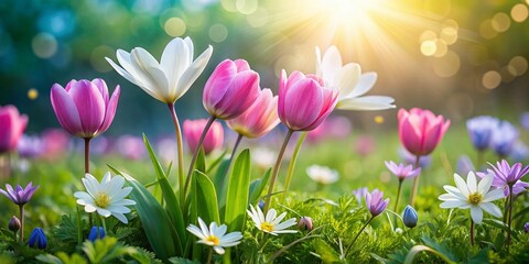 Fototapeta premium Bokeh Effect of Anemone Blanda and Tulips in a Colorful Flowerbed with Green Grass Background