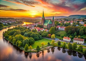 Obraz premium Bokeh Effect of River Nidelva and Nidarosdomen Cathedral in Trondheim, Norway - Serene Landscape Photography
