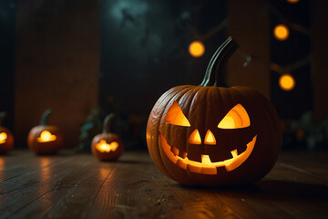 Celebrating Halloween with a Cheerful Cartoon Pumpkin: A Jack-o'-Lantern with a Toothsome Grin, Glowing Brightly Against a Spooky Dark Background of Eerie Lights and Ghostly Shapes 
