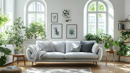 Bright Living Room Design with Grey Sofa and Plants