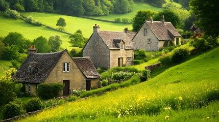 Fototapeta premium Charming English Countryside Cottages Nestled in Lush Green Hillside Landscape