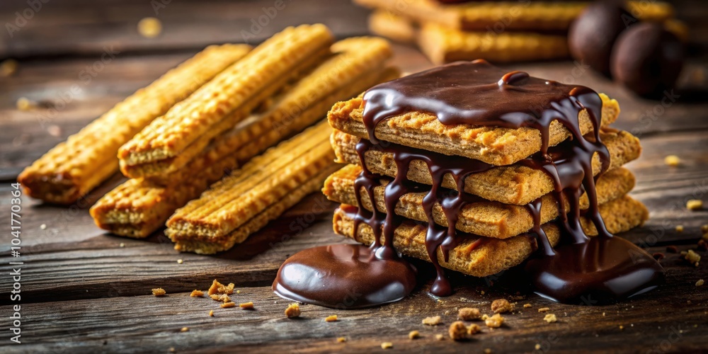 Poster A decadent stack of chocolate-covered cookies with a pool of melted chocolate on a rustic wooden surface