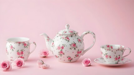 Fototapeta premium Vintage English Floral Tea Set on Pastel Background with Ample Copy Space