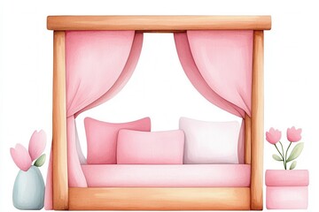 Cozy pink bed with pillows, curtains, and flower decorations in bright style.