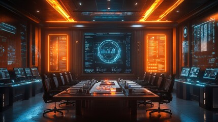 Futuristic Boardroom with Holographic Data Display