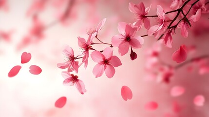 Naklejka premium Delicate Sakura Petals Cascading Across a Serene Gradient Background