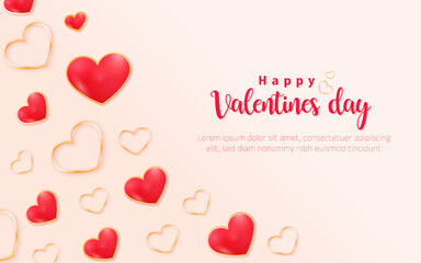 Happy valentines day romantic background design with 3d red and gold hearts on white background