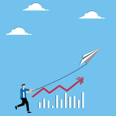 Innovative strategies, strategic agility, data-driven creativity, adapting to market changes. Business analysts flying paper airplanes with financial charts
