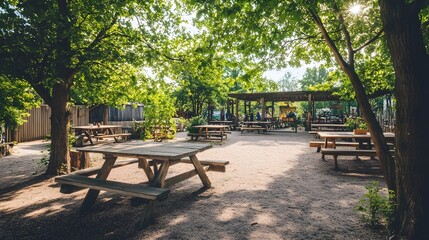 Cozy German-Style Beer Garden Scene with Wooden Benches and Shaded Trees