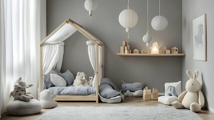 Cozy Playroom Design with Wooden Canopy Bed, Stuffed Toys, and Soft Lighting