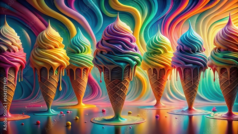 Aufkleber a symphony of melting ice cream cones in a rainbow of colors, dripping and leaving behind a colorful