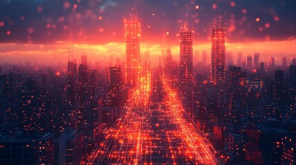 Obraz premium Digital Cityscape with Abstract Blueprint Design