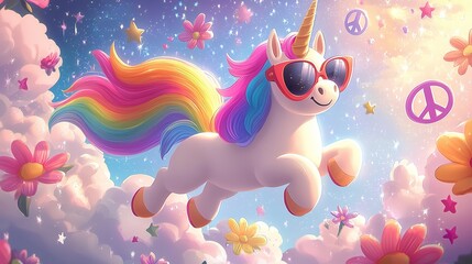 Obraz premium Colorful Cartoon Unicorn in Bright Sky