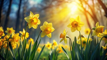 Obraz premium Bright and Cheerful Daffodils Blooming in Springtime Sunshine for Stock Photography