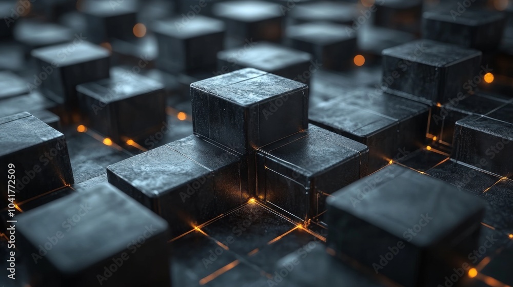 Poster An intricate layout of dark-colored blocks is evenly spaced on a striking textured surface, glowing softly with embedded lights. The composition highlights modern artistic expression.
