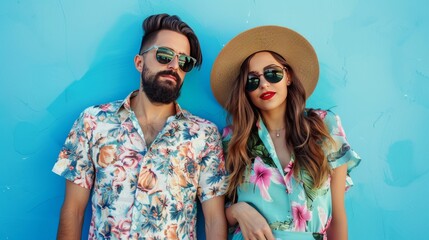 Obraz premium Young fashionable couple on blue background