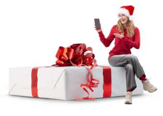 Woman with Christmas present gift box she showing the smartphone and wears Santa hat. Template for commercial sign. Store and mall Billboard top deals and sale, holiday offer or online shopping banner