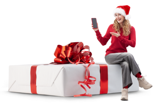 Woman with Christmas present gift box she showing the smartphone and wears Santa hat. Template for commercial sign. Store and mall Billboard top deals and sale, holiday offer or online shopping banner