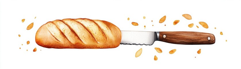 Freshly baked bread loaf with a serrated knife on a white background, ideal for culinary and baking themes.