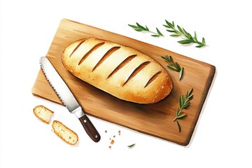 Freshly baked artisanal bread on a wooden board with herbs and a knife.